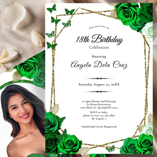 Invitación Elegant Gold and Green Rose 18th Birthday Debut  (Subido por el creador)