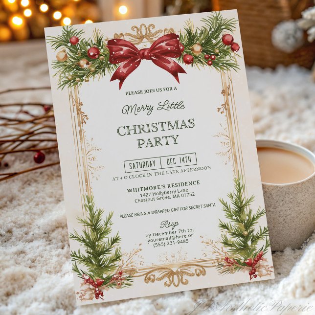 Invitación Elegant Gold and Red Bow Christmas Party  (Subido por el creador)