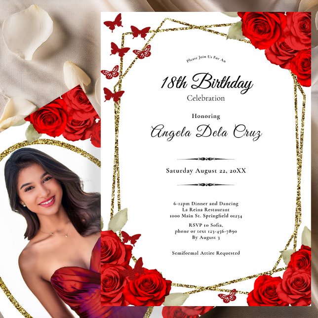 Invitación Elegant Gold and Red Roses 18th Birthday Debut (Subido por el creador)