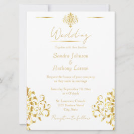 Invitación Elegant Gold and White Damask Wedding Invitation