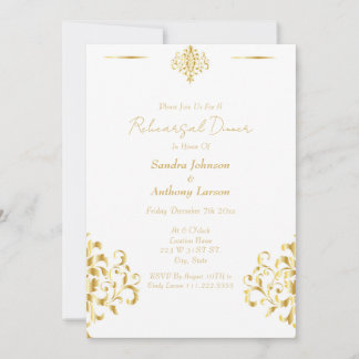 Invitación Elegant Gold and White Damask Wedding Rehearsal