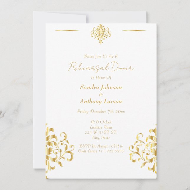 Invitación Elegant Gold and White Damask Wedding Rehearsal (Anverso)