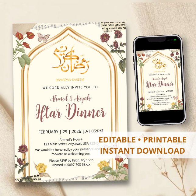 Invitación Elegant Gold Arch Floral Ramadan Iftar Dinner (Subido por el creador)