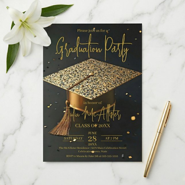 Invitación Elegant Gold Black Faux Glitter Cap Graduation (Subido por el creador)