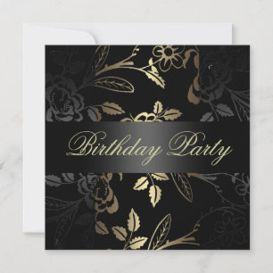 Invitación Elegant Gold /Black Flower Design Birthday Invite