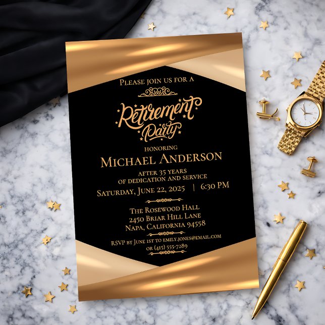 Invitación Elegant Gold Black Retirement Party  (Elegant Gold Black Retirement Party Invitation)