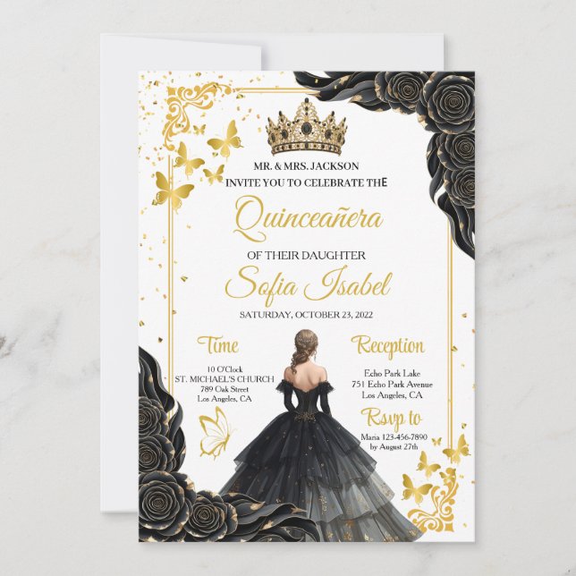 Invitación Elegant Gold Black Royal Quinceañera Invite (Anverso)