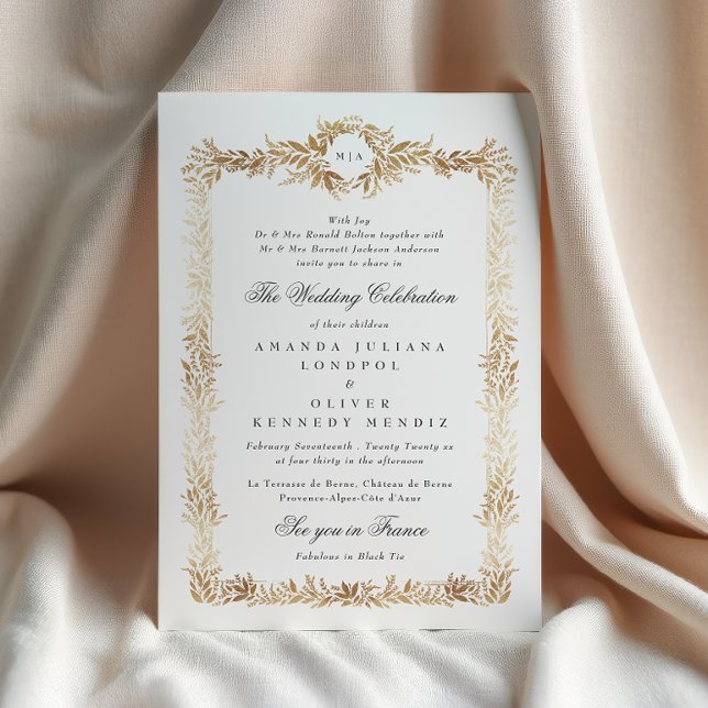 Invitación elegant gold botanical frame monogram wedding (Subido por el creador)