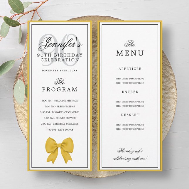 Invitación Elegant Gold Bow 90th Birthday Program + Menu  (Elegant Gold Bow 90th Birthday Program + Menu )