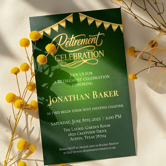 Invitación Elegant Gold Bunting Green Retirement Celebration  (Elegant Gold Bunting Green Retirement Celebration Invitation)