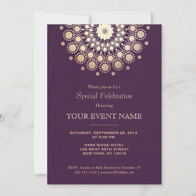Invitación Elegant Gold Circle Motif Purple Linen Look Formal (Anverso)