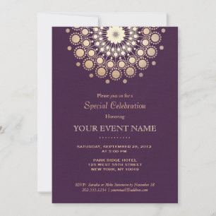 Invitación Elegant Gold Circle Motif Purple Linen Look Formal