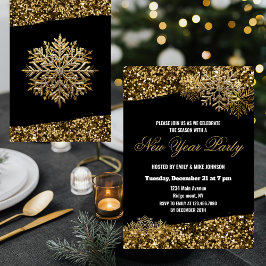 Invitación Elegant Gold Confetti Snowflakes New Year Party