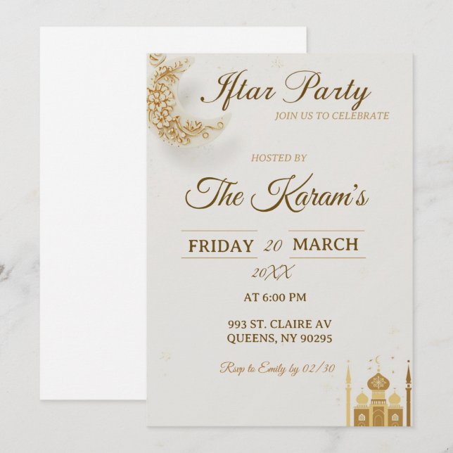 Invitación Elegant Gold Crescent Moo, Ramadan Iftar Party  (Anverso / Reverso)