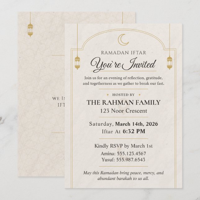 Invitación Elegant Gold Crescent Moon & Lantern Ramadan Iftar (Anverso / Reverso)