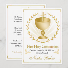 Invitación Elegant Gold Cross Chalice First Holy Communion