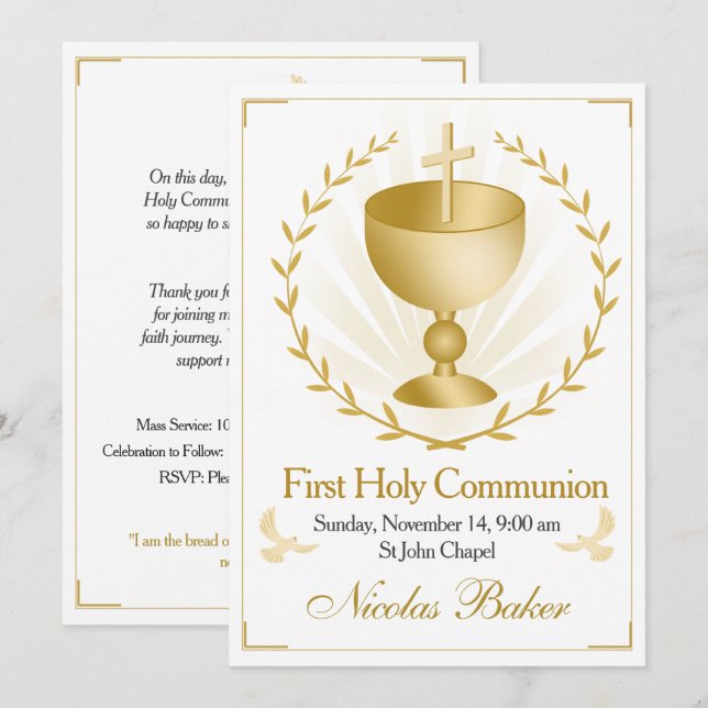 Invitación Elegant Gold Cross Chalice First Holy Communion (Anverso / Reverso)