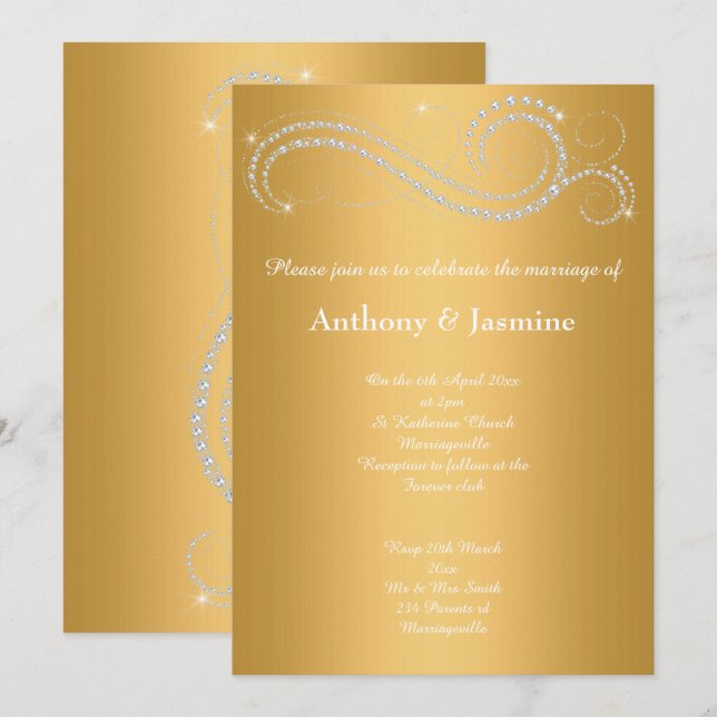 INVITACIÓN ELEGANT GOLD DIAMOND SWIRL BODA (Anverso / Reverso)