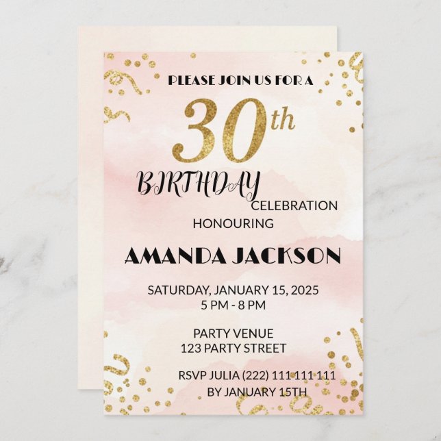 Invitación Elegant Gold Floral 30th Birthday Invitation (Anverso / Reverso)
