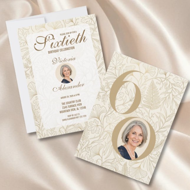Invitación Elegant Gold Floral 60th Birthday Photo (Elegant Gold Floral 60th Birthday Photo Invitation)