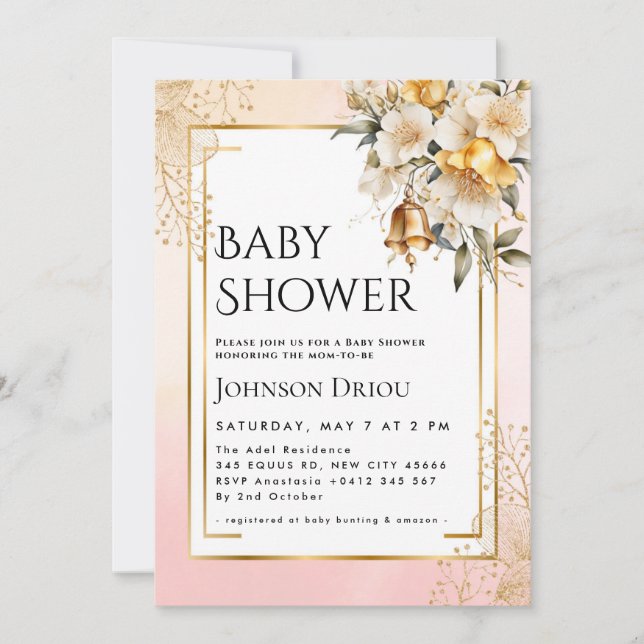 Invitación Elegant Gold Floral Baby Shower Invitation (Anverso)