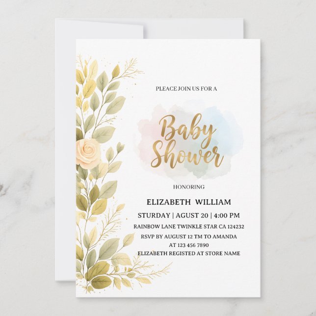 Invitación Elegant Gold Floral Botanical Baby Shower  (Anverso)