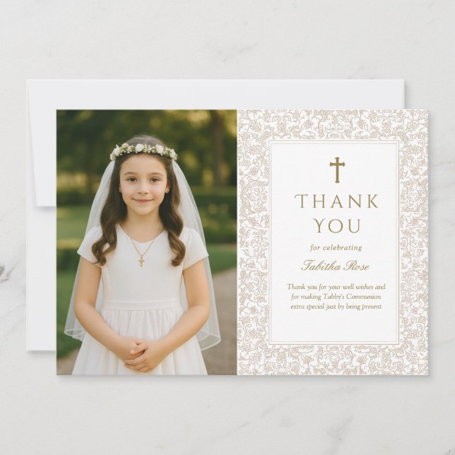 Invitación Elegant Gold Floral Communion Thank You Card (Anverso)