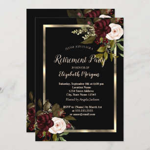 Invitación Elegant Gold Floral Frame Burgundy Roses Black 