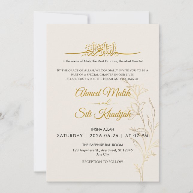 Invitación Elegant Gold Floral Islamic Wedding Nikah (Anverso)