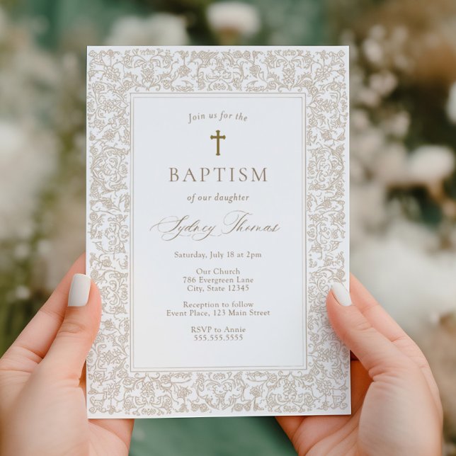 Invitación Elegant Gold Floral Traditional Baptism  (Subido por el creador)