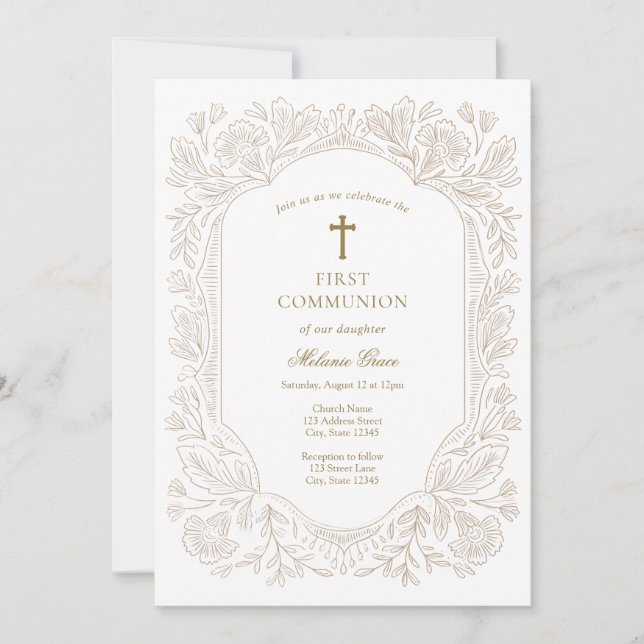 Invitación Elegant Gold Floral Traditional First Communion  (Anverso)