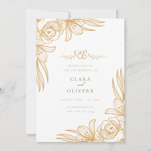 Invitación Elegant Gold Floral Wedding Invitation (Anverso)