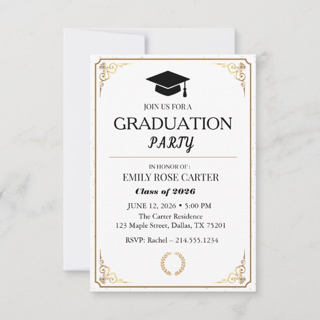 Invitación Elegant Gold Flourish Black Graduation Party  (Anverso)