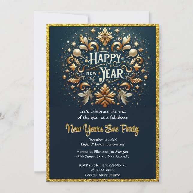 Invitación Elegant Gold Flourish New Years Eve Party  (Anverso)