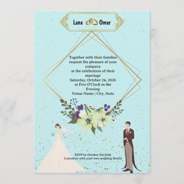 Invitación Elegant Gold Foil Geometric Dusty Blue Wedding  (Anverso)