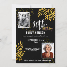 Invitación  Elegant Gold Foliage 2 Photo 90th Birthday Party 