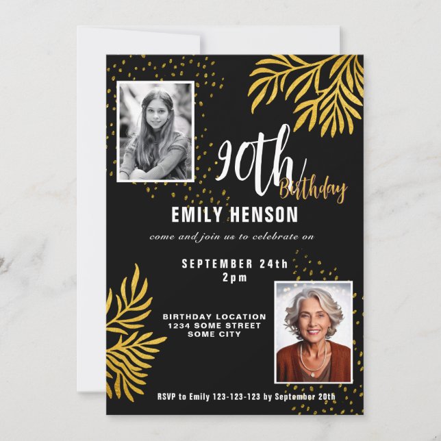 Invitación  Elegant Gold Foliage 2 Photo 90th Birthday Party  (Anverso)