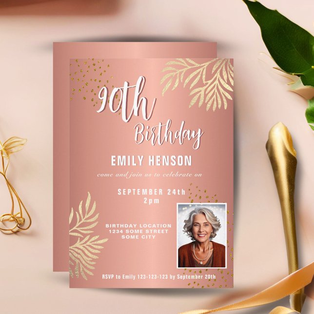 Invitación  Elegant Gold Foliage 2 Photo 90th Birthday Party  (Subido por el creador)