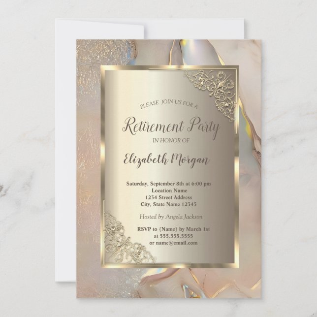 Invitación Elegant Gold Frame,Blush Pink Marble Retirement (Anverso)