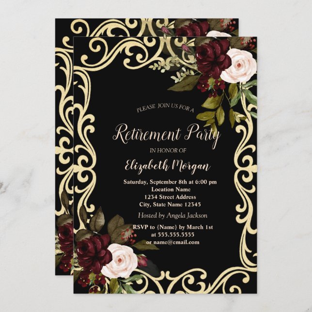 Invitación Elegant Gold Frame Burgundy Roses Black Retirement (Anverso / Reverso)