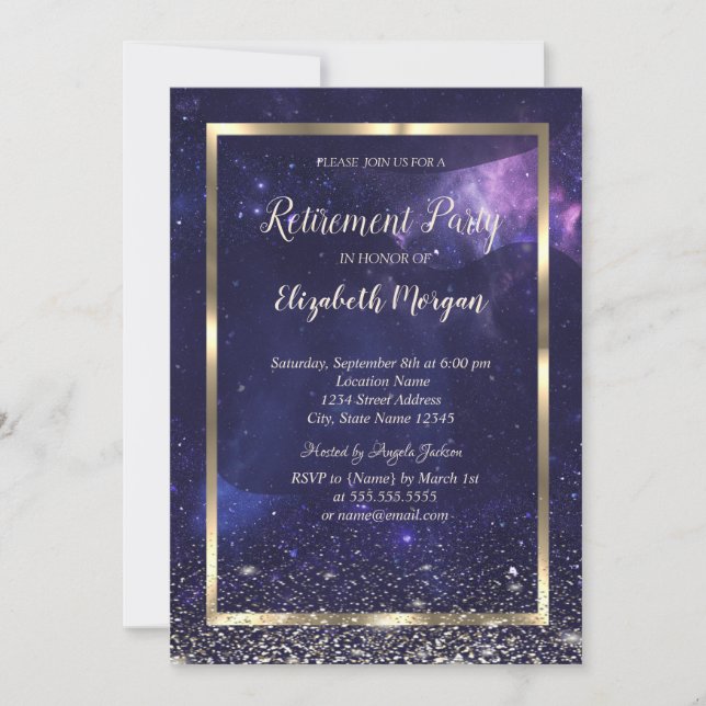 Invitación Elegant Gold Frame Confetti Cool Purple Retirement (Anverso)