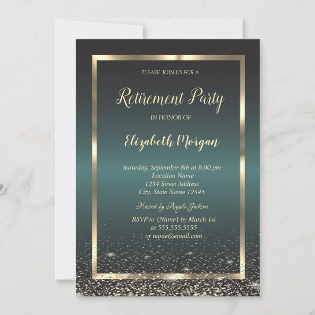 Invitación Elegant Gold Frame Confetti Dark Green Retirement  (Anverso)