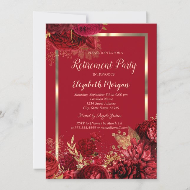 Invitación Elegant Gold Frame Confetti Red Roses Retirement (Anverso)