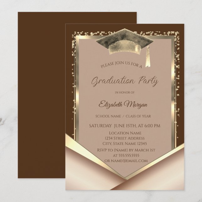 Invitación Elegant Gold Frame Diamonds Brown Graduation (Anverso / Reverso)