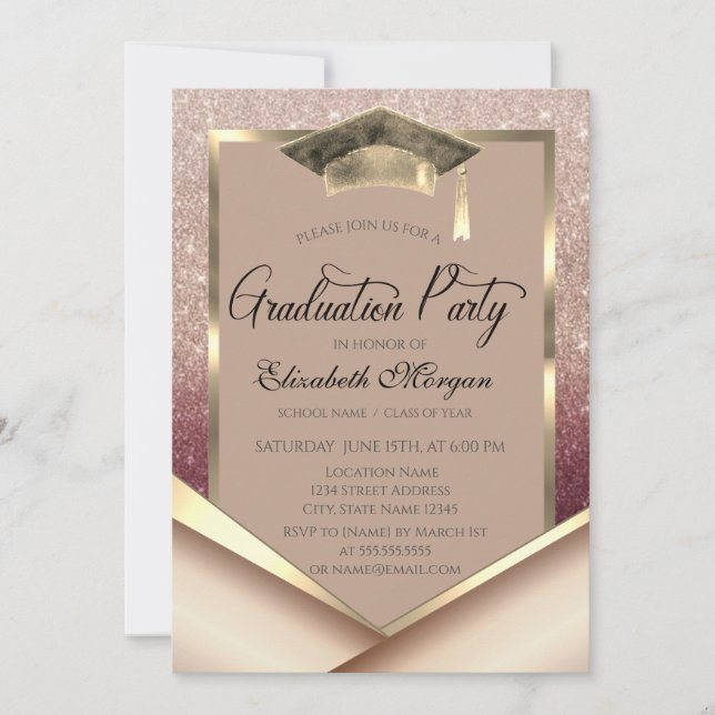 Invitación Elegant Gold Frame Diamonds Glitter Graduation (Anverso)