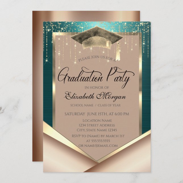 Invitación Elegant Gold Frame Diamonds Green Graduation (Anverso / Reverso)