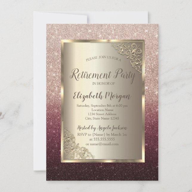 Invitación Elegant Gold Frame Glitter Ombre Retirement  (Anverso)