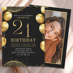 Invitación Elegant Gold Glitter Birthday 21th with Balloons