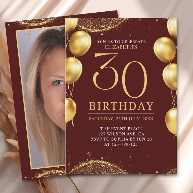 Invitación Elegant Gold Glitter Birthday 30th with Balloons (Subido por el creador)