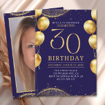 Invitación Elegant Gold Glitter Birthday 30th with Balloons<br><div class="desc">Celebrate in style with our luxurious birthday invitation featuring gold glitter details, elegant balloons, and eye-catching gold numbers to highlight the age. The back design includes a customizable photo, adding a unique and personal touch to your special day. Perfect for women's milestone birthdays, this invitation is ideal for sophisticated and...</div>